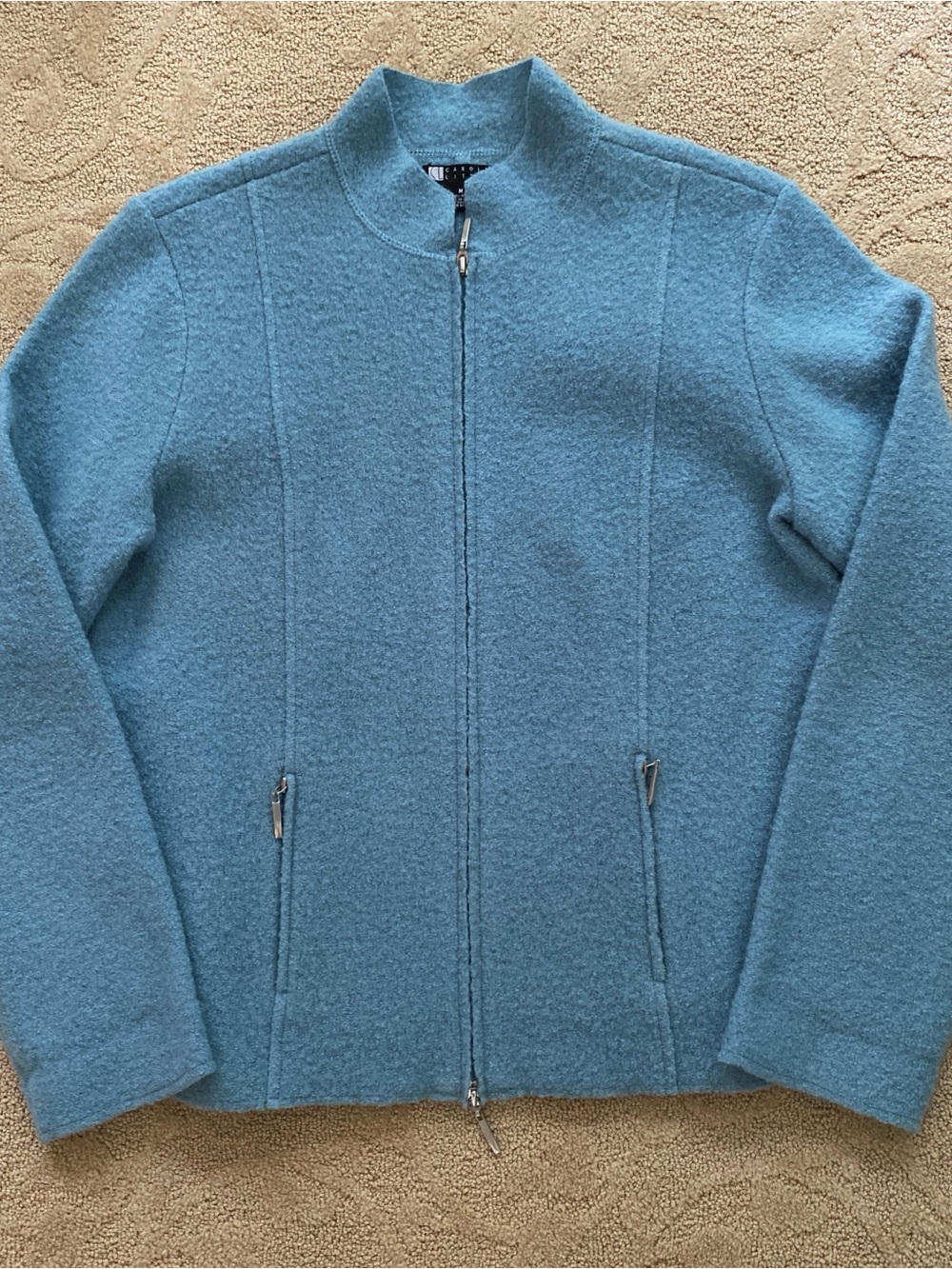 Carole Little Boiled Wool Blue Jacket Size Medium Felted Pockets Double Zip